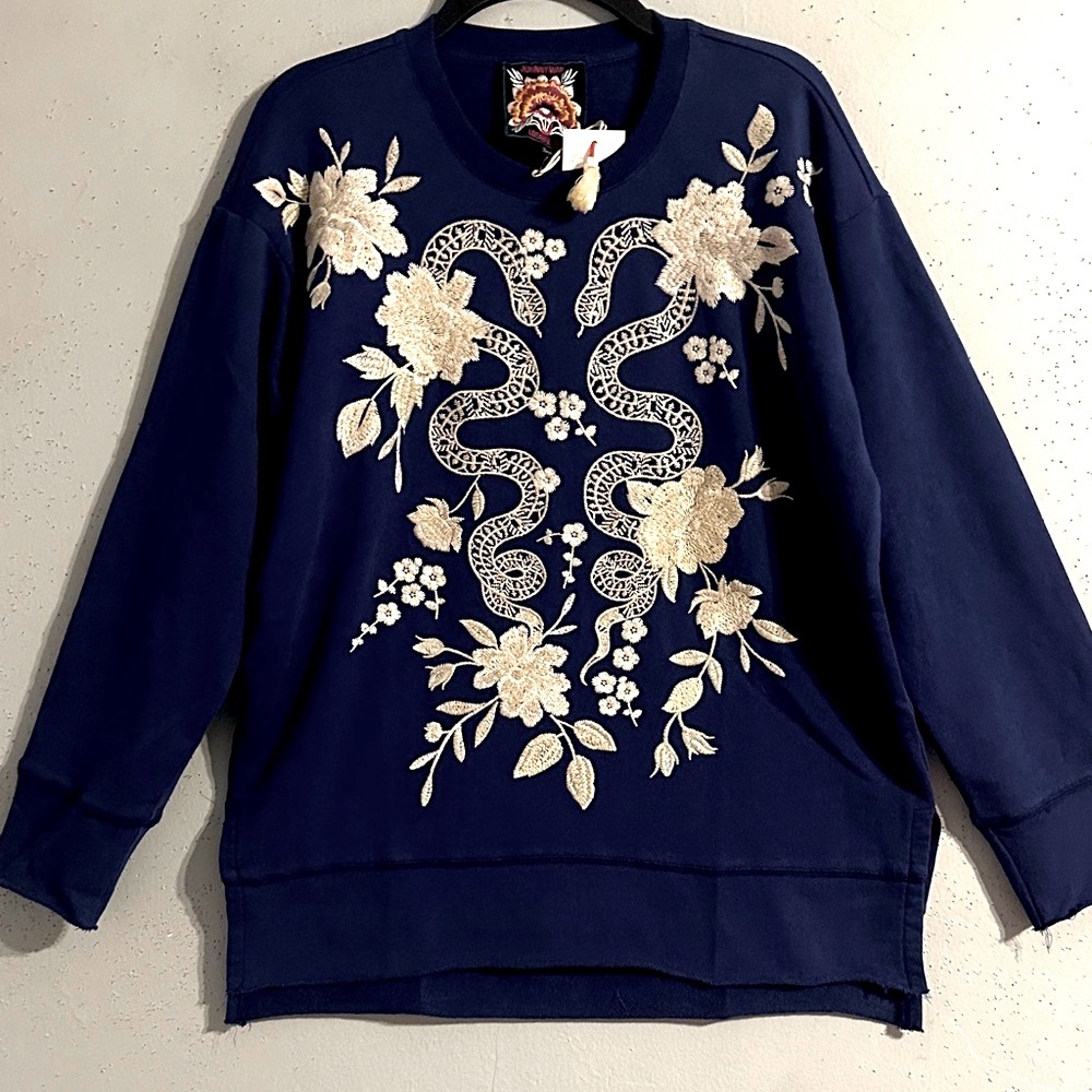 NWT Johnny Was Navy Sweatshirt with Snake and Floral Embroidery